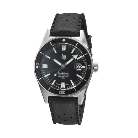 Montre LIP Nautic 666 Automatique 39 mm – Réf. 676050 – Mouvement Manufacture R26, Acier & Verre Saphir, Étanche 200 m, Bracelet Élastomère Noir