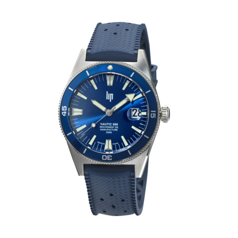 Montre LIP Nautic 666 Automatique 39 mm – Réf. 676051 – Mouvement Manufacture R26, Acier & Verre Saphir, Étanche 200 m, Bracelet Élastomère Bleu