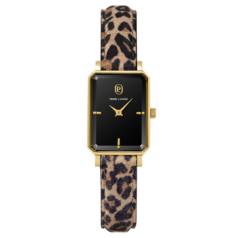 Montre Femme Pierre Lannier Ariane Quartz Rectangulaire – Réf. 006L539 – Boîtier PVD Jaune, Cadran Noir, Bracelet Cuir Léopard