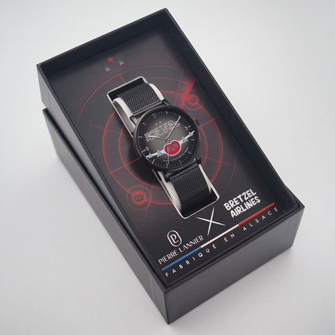 Montre Pierre Lannier Bretzel Airlines Blason Rouge – Boîtier Noir 40,5 mm – Bracelet Milanais Noir – Édition Spéciale Alsacienne
