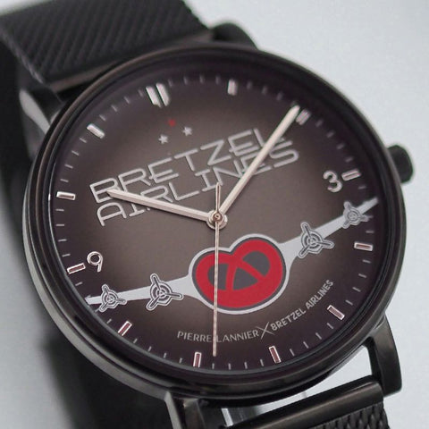 Montre Pierre Lannier Bretzel Airlines Blason Rouge – Boîtier Noir 40,5 mm – Bracelet Milanais Noir – Édition Spéciale Alsacienne