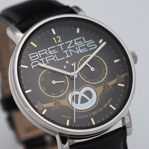 Montre Pierre Lannier Bretzel Airlines Blason Or – Acier 40,5 mm – Bracelet Cuir Noir – Édition Spéciale Alsacienne