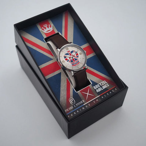 Montre Pierre Lannier God Save Bretzel – Édition Bretzel Airlines – Acier 40,5 mm – Bracelet Cuir Ébène – Made in France