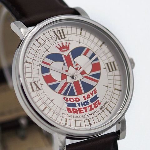 Montre Pierre Lannier God Save Bretzel – Édition Bretzel Airlines – Acier 40,5 mm – Bracelet Cuir Ébène – Made in France
